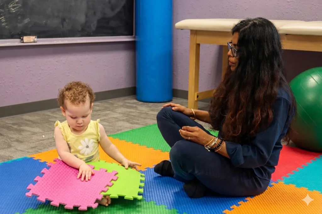 Chandana Dash, OTR/L, working with a young child during a pediatric occupational therapy session.