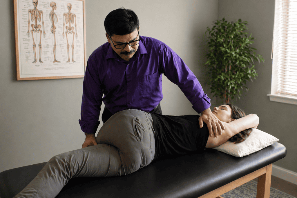 Subrat Bahinipati, PT, DPT, performing manual therapy on an adult patient at the Synergy clinic.