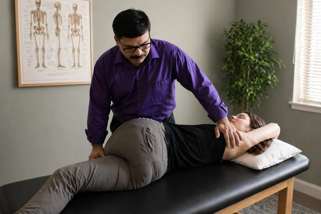 Subrat Bahinipati, PT, DPT, performing manual therapy on an adult patient at the Synergy clinic.