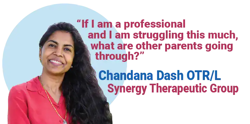 Pediatric occupational therapy quote graphic featuring Chandana Dash, OTR/L, founder of Synergy Therapeutic Group's pediatric division in Carbondale, IL.
