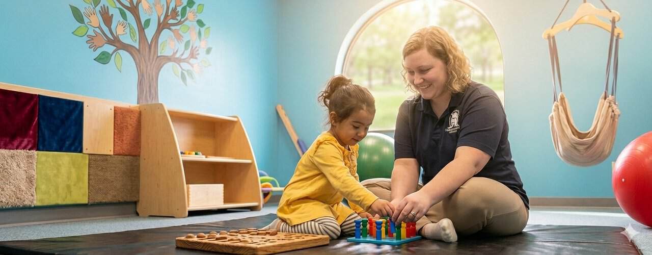 Pediatric occupational therapy session at Synergy Therapeutic Group — fine motor and sensory play with a young child in Carbondale, IL