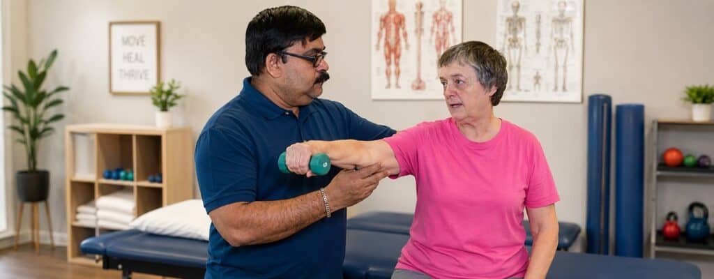 Subrat Bahinipati, PT working with a chronic pain patient at Synergy Therapeutic Group, Carbondale, IL