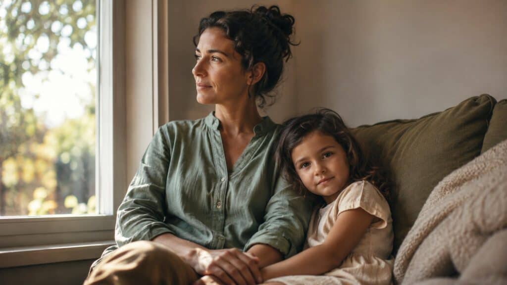 A mother sitting quietly at a window in warm afternoon light, looking thoughtful - pediatric OT, Synergy Therapeutic Group, Carbondale IL