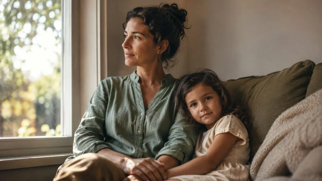 A mother sitting quietly at a window in warm afternoon light, looking thoughtful - pediatric OT, Synergy Therapeutic Group, Carbondale IL
