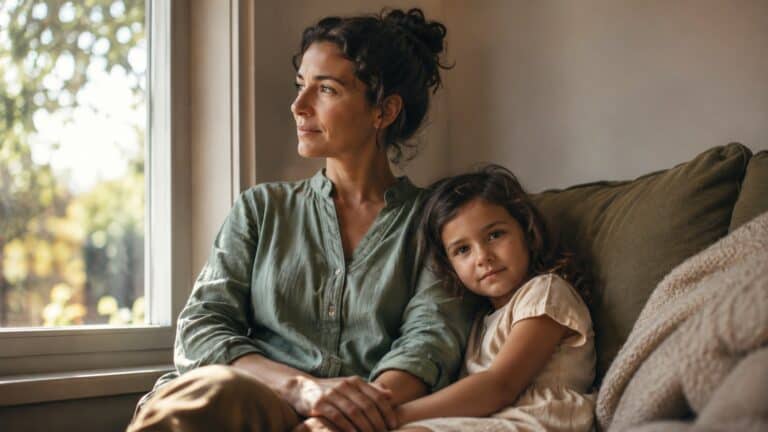 A mother sitting quietly at a window in warm afternoon light, looking thoughtful - pediatric OT, Synergy Therapeutic Group, Carbondale IL