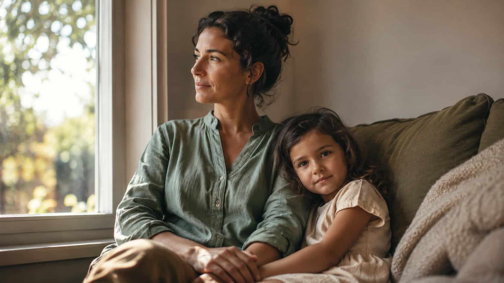A mother sitting quietly at a window in warm afternoon light, looking thoughtful - pediatric OT, Synergy Therapeutic Group, Carbondale IL