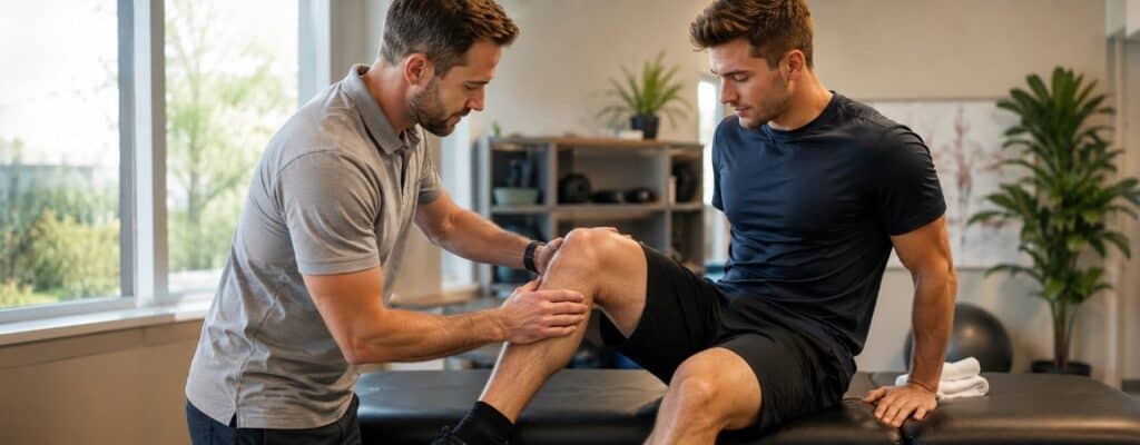 Physical therapist guiding knee rehabilitation exercises for sports injury recovery