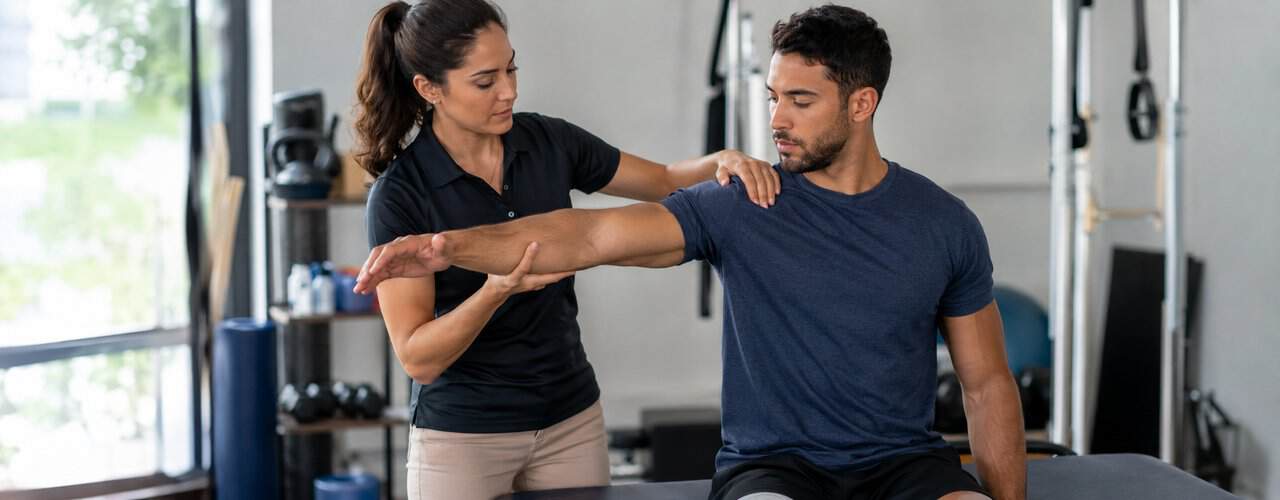 Sports physical therapist performing a shoulder assessment on an athlete