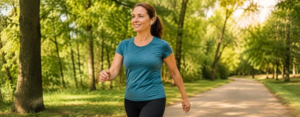 Person walking outdoors in a park for fitness and health benefits