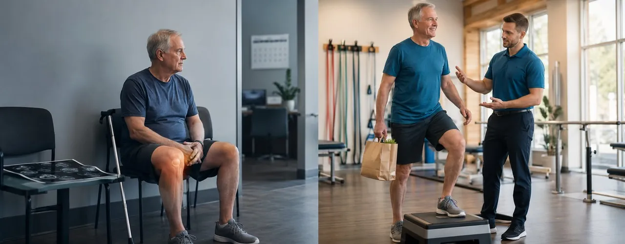 Older man weighing knee surgery versus regaining strength through physical therapy in Carbondale, Illinois