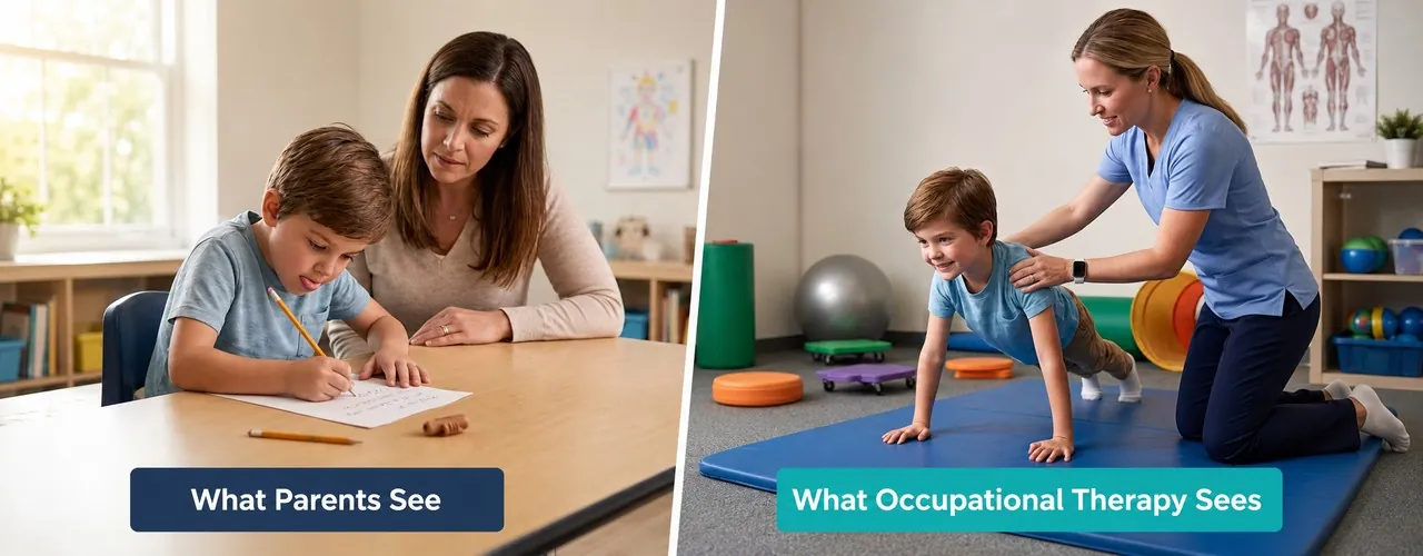 Split image showing a child struggling to write with a pencil and the same child building shoulder strength in pediatric occupational therapy in Carbondale, Illinois