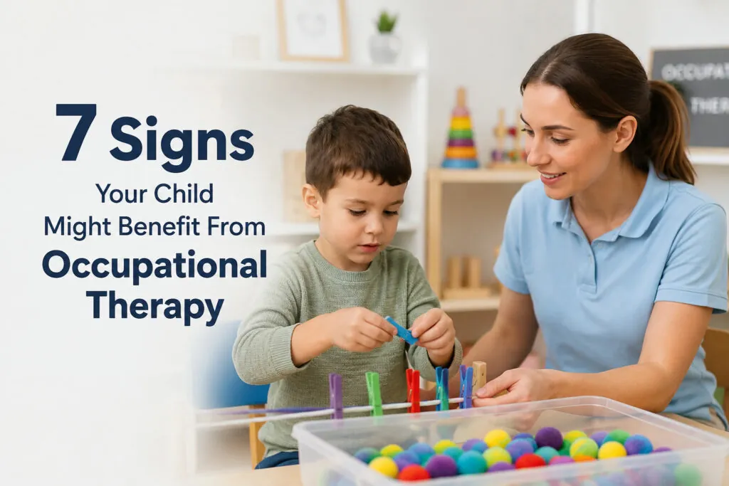 7 Signs Your Child Might Benefit From Occupational Therapy — a pediatric occupational therapist guiding a child through a fine-motor activity at Synergy Therapeutic Group in Carbondale, IL