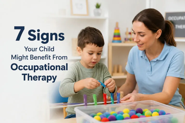 7 Signs Your Child Might Benefit From Occupational Therapy — a pediatric occupational therapist guiding a child through a fine-motor activity at Synergy Therapeutic Group in Carbondale, IL