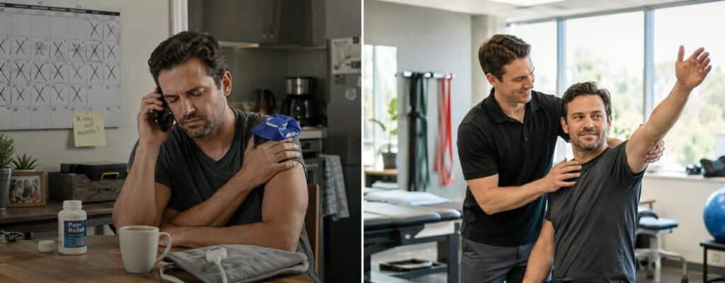 A man icing his shoulder at home beside pain medication and a crossed-off calendar, then moving his arm freely during physical therapy — no referral needed to start PT in Illinois, Carbondale