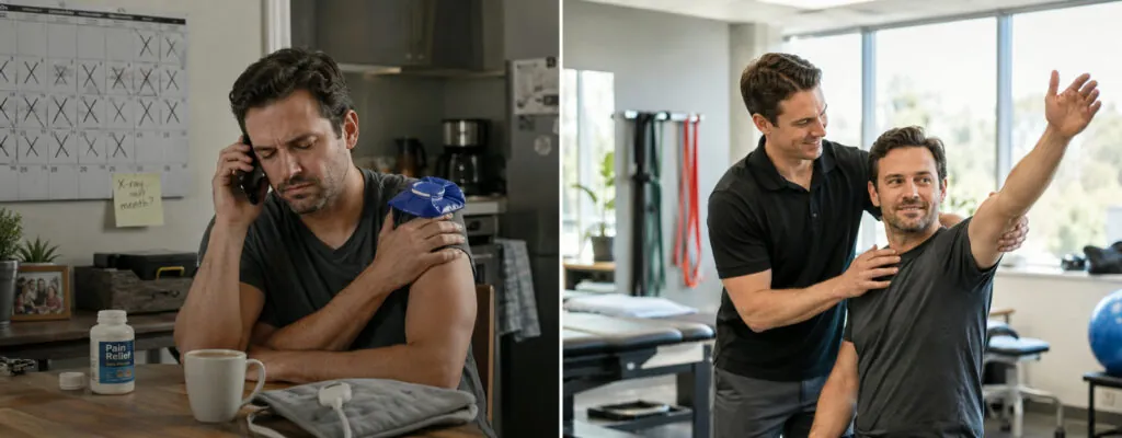 A man icing his shoulder at home beside pain medication and a crossed-off calendar, then moving his arm freely during physical therapy — no referral needed to start PT in Illinois, Carbondale