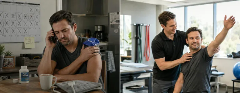A man icing his shoulder at home beside pain medication and a crossed-off calendar, then moving his arm freely during physical therapy — no referral needed to start PT in Illinois, Carbondale
