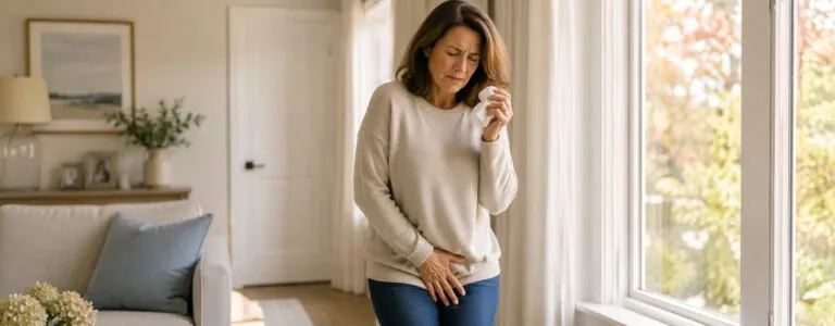 A woman at home coping with stress urinary incontinence — pelvic floor therapy for leaking at Synergy Therapeutic Group in Carbondale, IL