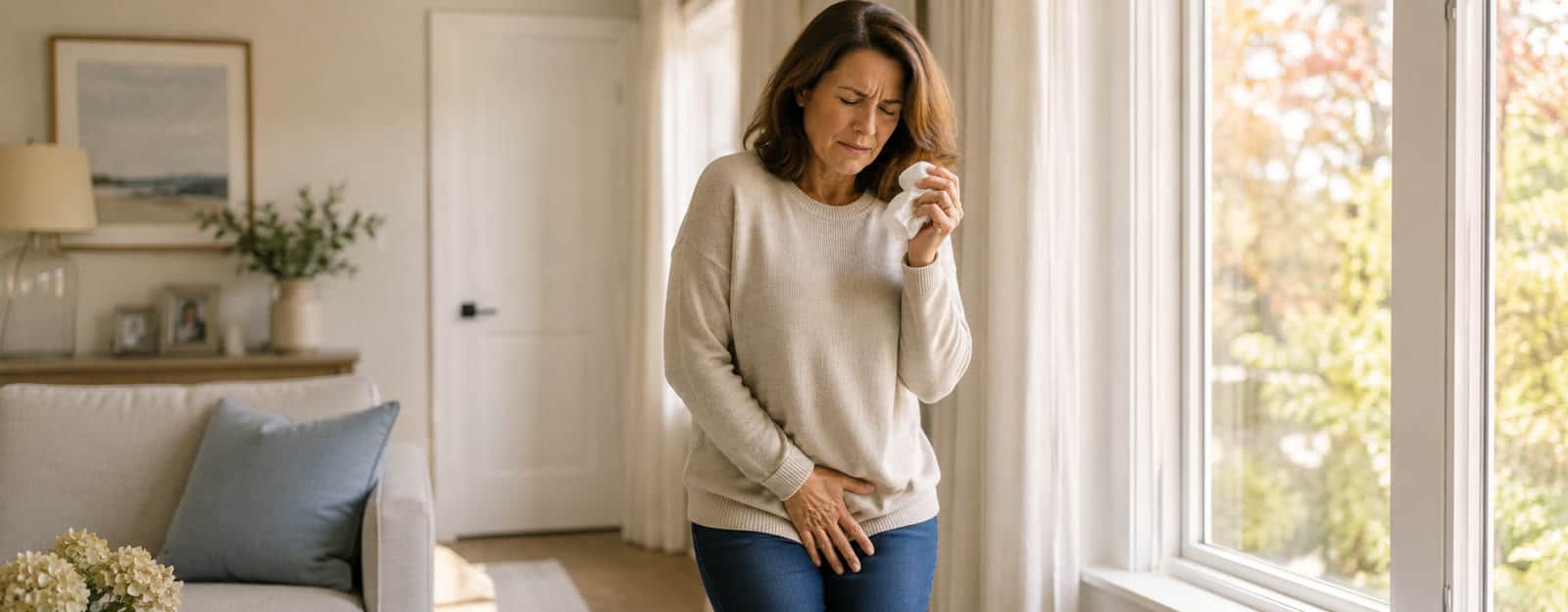 A woman at home coping with stress urinary incontinence — pelvic floor therapy for leaking at Synergy Therapeutic Group in Carbondale, IL