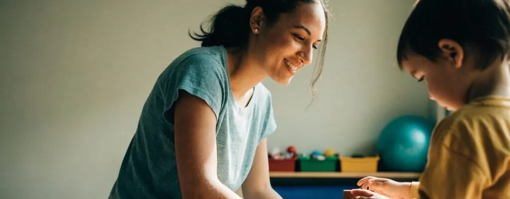 Pediatric occupational therapist observing a young child stacking blocks during an evaluation in Carbondale, IL