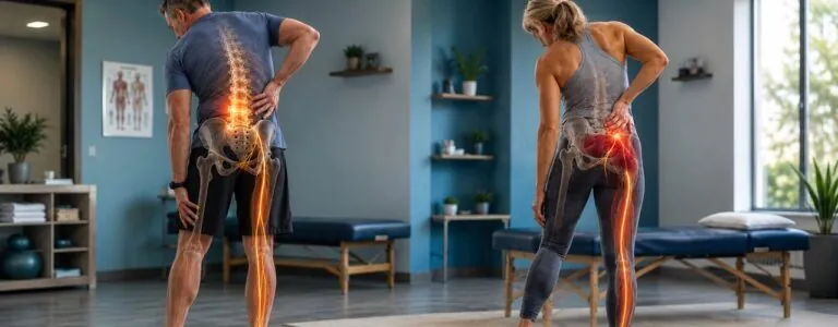 A man with lumbar spine sciatica and a woman with pelvic and piriformis sciatica in a physical therapy clinic, showing why sciatica differs between men and women - Synergy Therapeutic Group, Carbondale IL