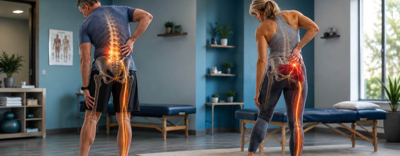 A man with lumbar spine sciatica and a woman with pelvic and piriformis sciatica in a physical therapy clinic, showing why sciatica differs between men and women - Synergy Therapeutic Group, Carbondale IL
