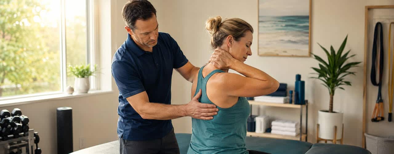 Synergy physical therapist evaluating a woman's neck and upper back for cervicogenic headache in Carbondale, IL