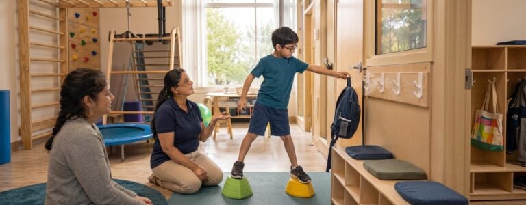 Pediatric occupational therapist and parent watching a school-age child step across balance domes during a motor planning session in Carbondale, IL
