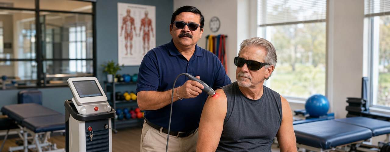 A physical therapist providing Class 4 deep tissue laser therapy to a patient's shoulder, both wearing protective eyewear, at Synergy Therapeutic Group in Carbondale, IL