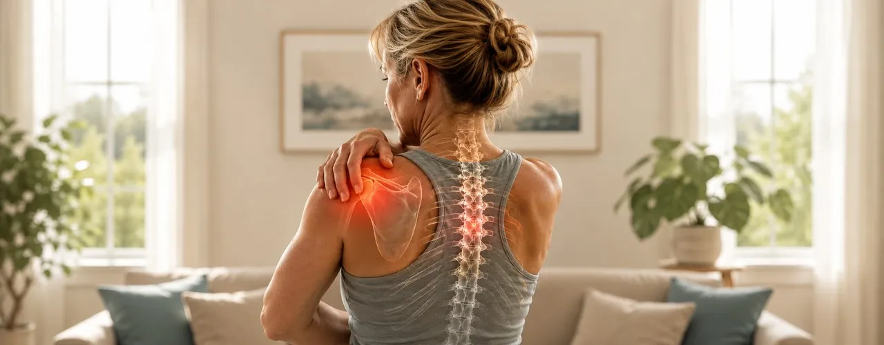 Woman gripping her shoulder with an anatomical overlay of the thoracic spine and shoulder blade, frozen shoulder, Carbondale IL