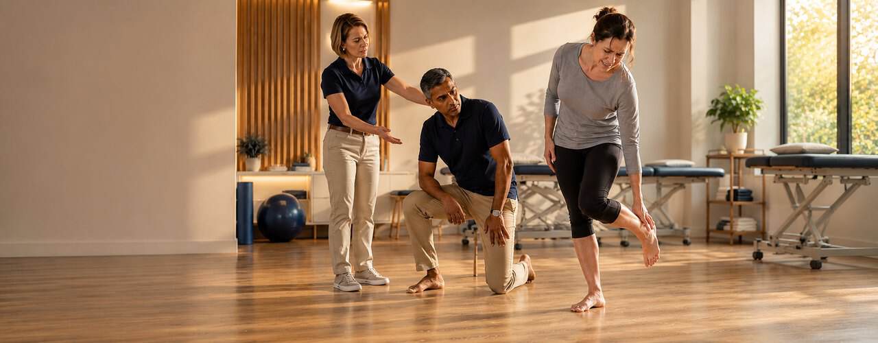 Physical therapists evaluating a patient standing on one leg for plantar fasciitis and heel pain in Carbondale, IL