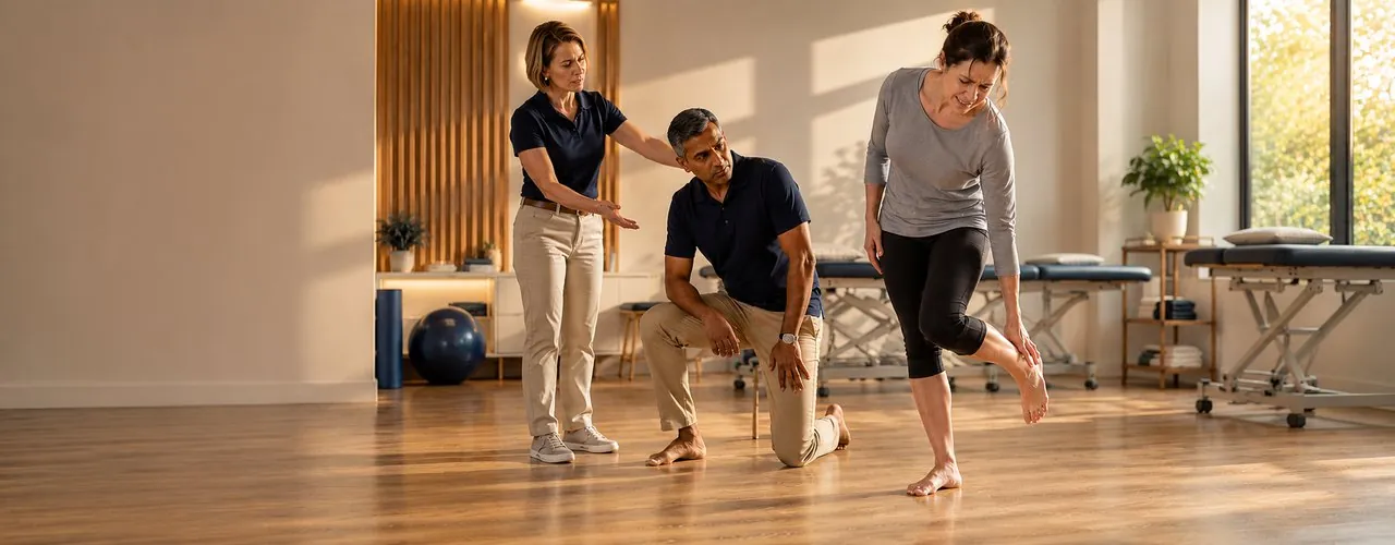 Physical therapists evaluating a patient standing on one leg for plantar fasciitis and heel pain in Carbondale, IL