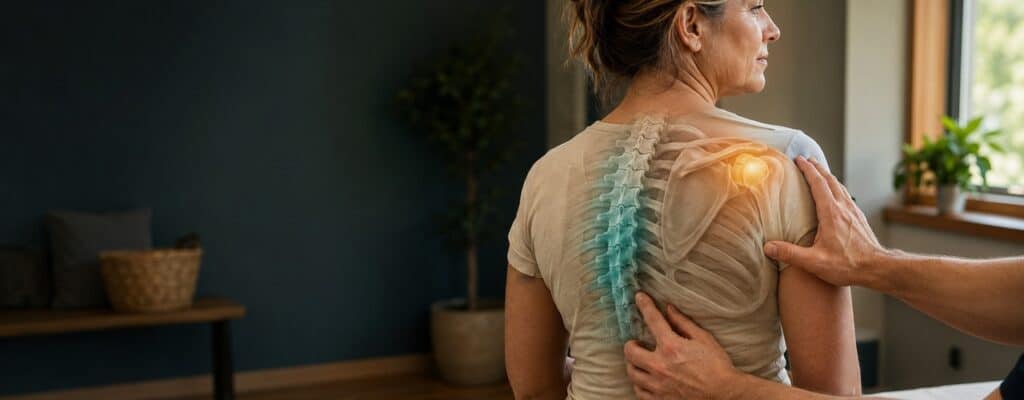 Physical therapist gently assessing a woman's thoracic spine and shoulder before treating her frozen shoulder in Carbondale, IL