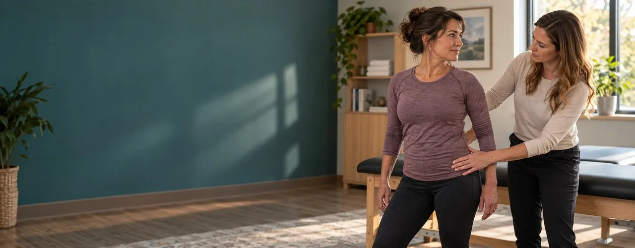Pelvic floor therapy in Carbondale, IL: a physical therapist assessing a patient's pelvis and hip alignment from the outside