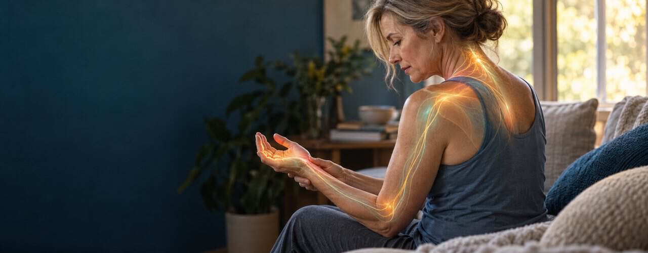 Woman holding her wrist with a glowing nerve pathway tracing from the neck through the shoulder and arm to the hand, showing where carpal tunnel symptoms can start, at Synergy Therapeutic Group in Carbondale, IL