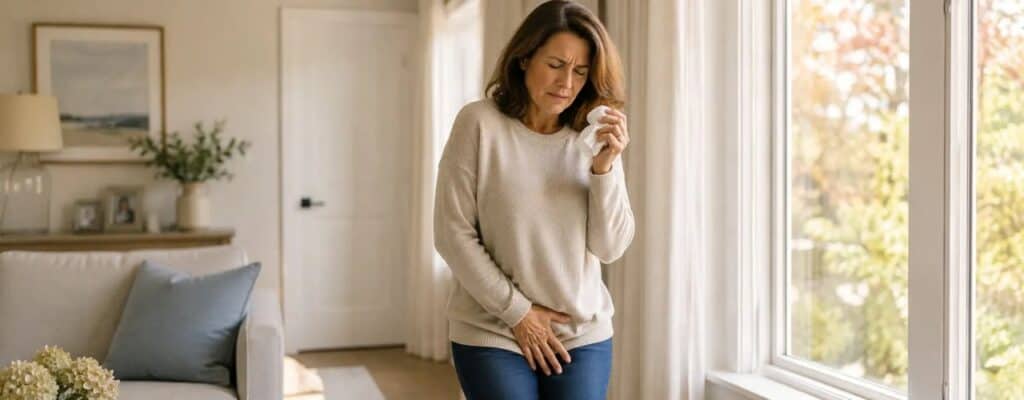 A woman at home coping with stress urinary incontinence — pelvic floor therapy for leaking at Synergy Therapeutic Group in Carbondale, IL