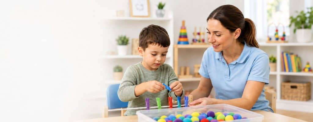 A child and a pediatric occupational therapist working together on a fine-motor clothespin activity at a table