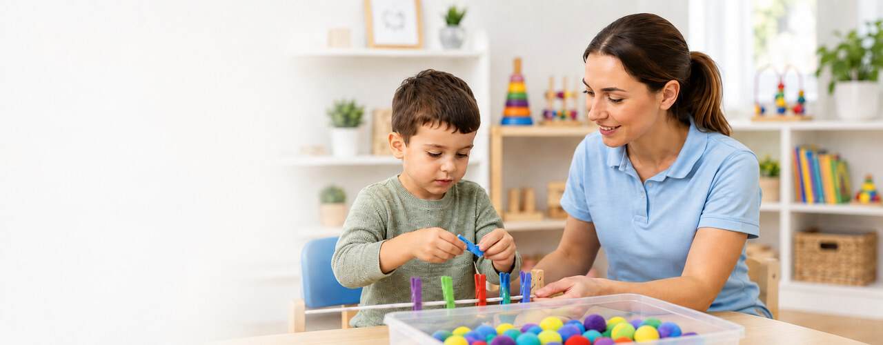 A child and a pediatric occupational therapist working together on a fine-motor clothespin activity at a table