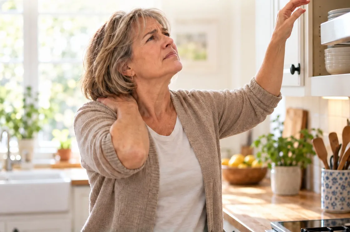 A woman in a bright kitchen reaches toward a high cabinet shelf and holds the back of her shoulder, showing the everyday strain a shoulder problem can cause.