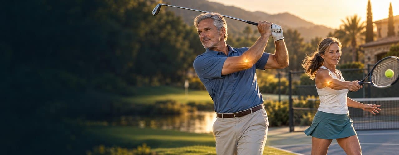 Man mid golf swing and woman mid tennis swing at golden hour, each with a glowing spot at the elbow where tennis and golfer's elbow pain shows up, Synergy Therapeutic Group in Carbondale, IL