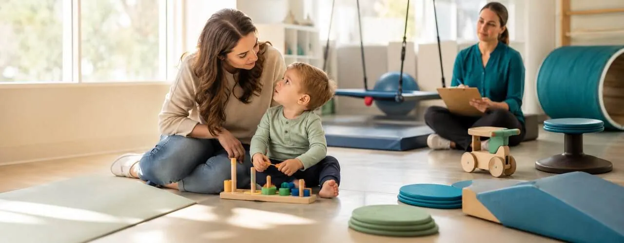 A parent and toddler share a communication moment during play in a pediatric occupational therapy sensory gym with a swing and balance equipment - Synergy Therapeutic Group, Carbondale IL